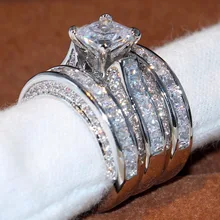 2017 Venta Superior de Lujo Joyería 14KT Oro Blanco Lleno Princesa Cut 5A Clear CZ Zirconia Party Mujeres Anillo Set de Regalo de Boda 3 unids