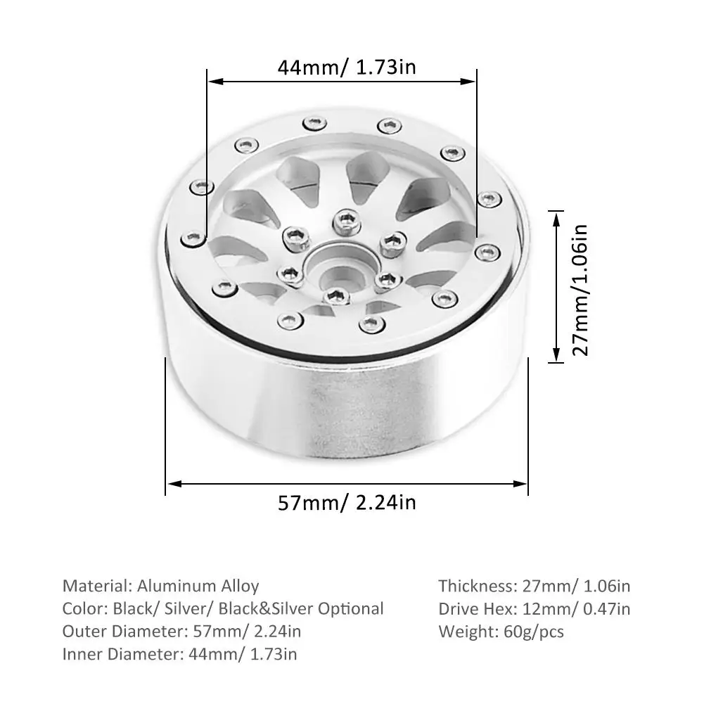 4PCS Aluminum Alloy 1.9 inch Wheels Rims 12mm Hex for 1/10 RC Crawler Axial SCX10 II 90046 Traxxas TRX4 D90