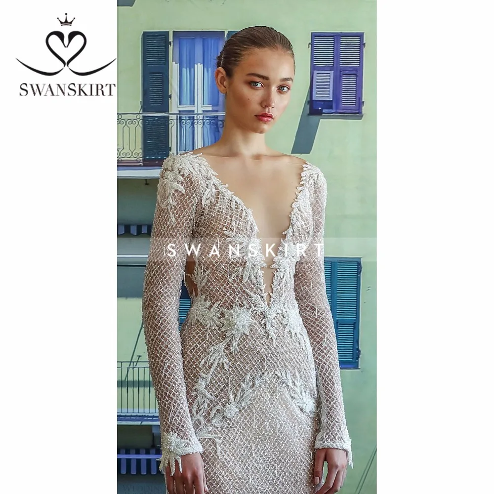 Swanskirt свадебное платье-Русалка пляжное платье де mariée v-образным вырезом с длинным рукавом спинки Кружева Принцесса 2019 под заказ плюс размер