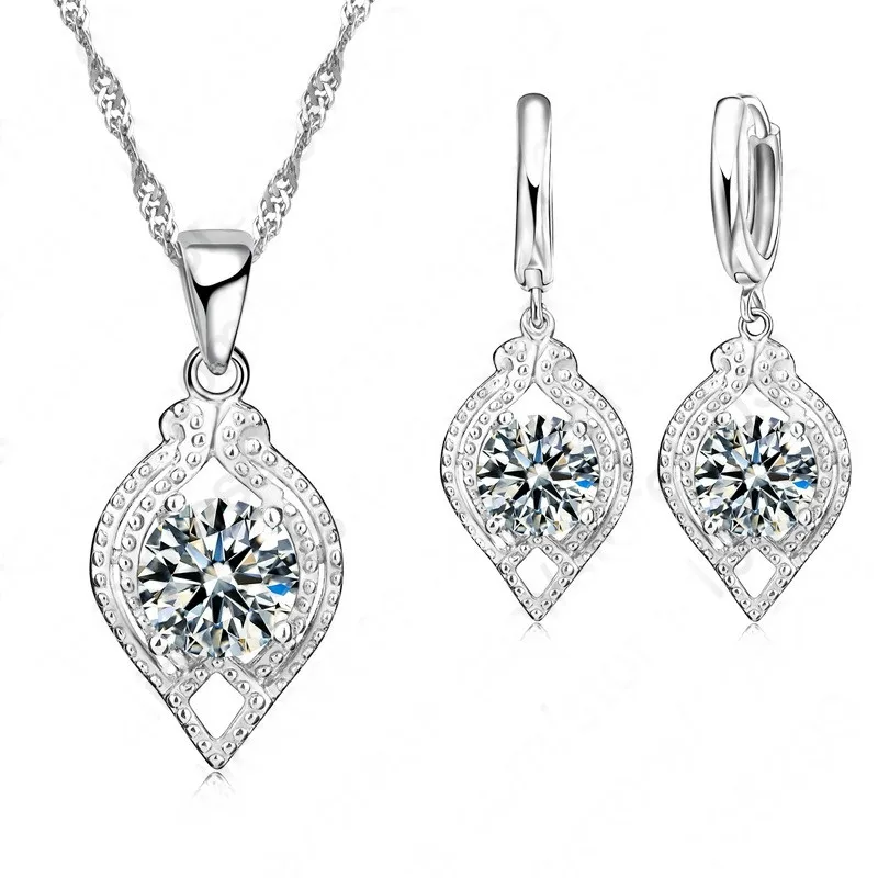

JEXXI 925 Sterling Silver Wedding Jewelry CZ Cubic Zircon Crystal Pendant Necklace +Earrings For Women Party Anniversary