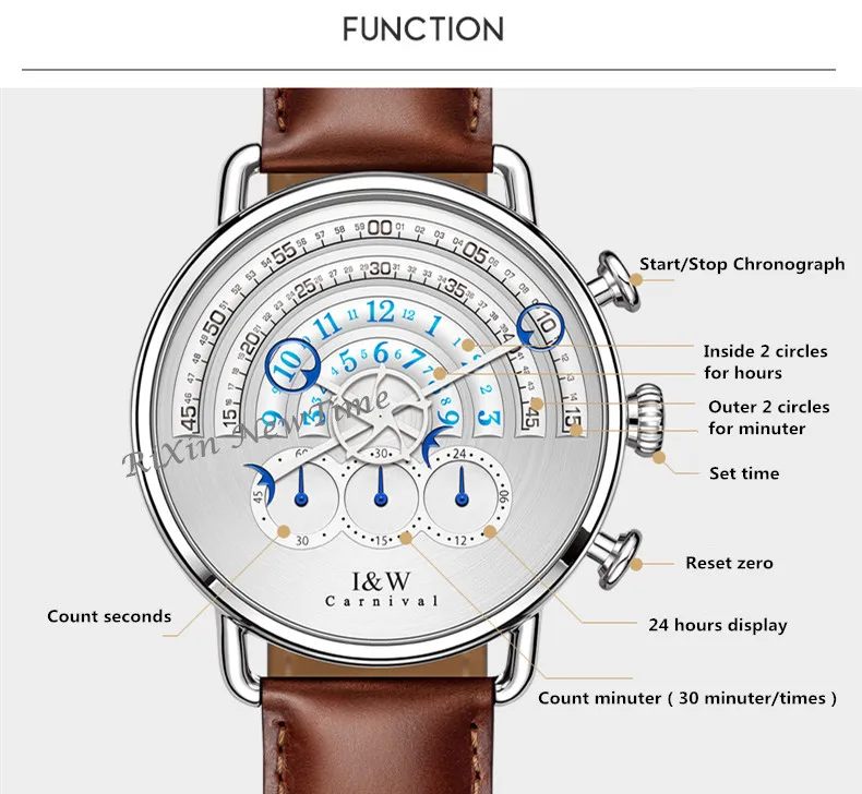 Карнавал IW т Тайвань люксовый бренд уникальным дизайном часы Мужские Хронограф Секундомер сапфир кожаный ремешок часы