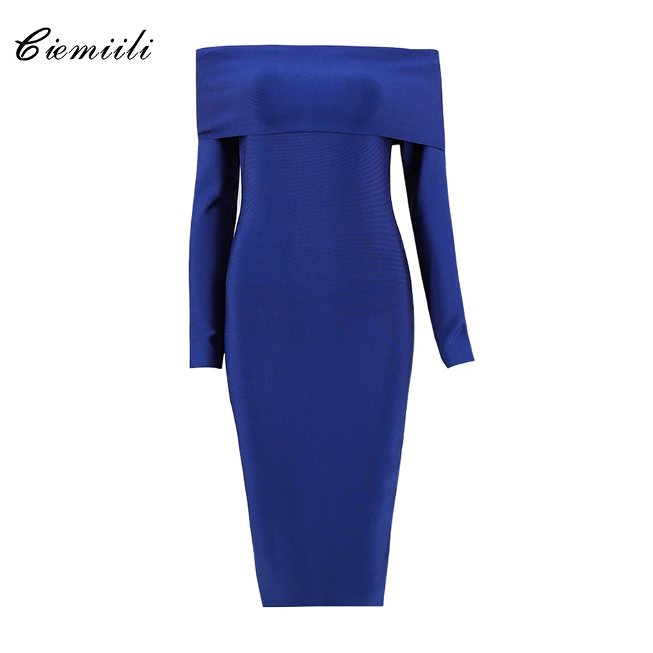 

CIEMIILI Solid Off Shoulder Full Sleeves Bodycon Knee Length Women 2018 Party Sexy Bandage Slash Neck Casual Vestidos New Dress