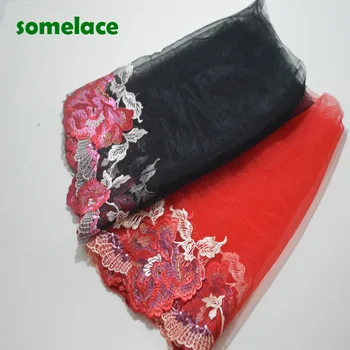 

2yds Red~Black Gauze Fluorescence color thread floral Embroidery DIY lace trim for garments and wedding decoration