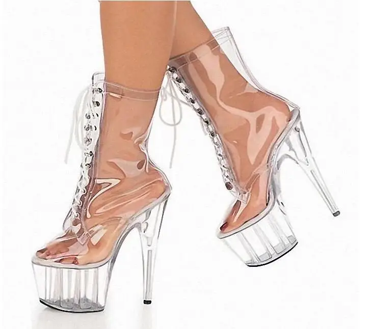 

Carpaton Spring Autumn Style Ladies sexy round toe front lace-up transparent PVC crystal shoes ankle boots performance boots