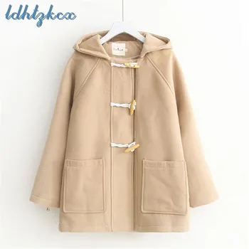

LDHTZKCX Solid Color Loose Hooded Cotton Coat Female 2018 Autumn-winter New Casual Horn Single Breasted Thick Slim Parkas LD587