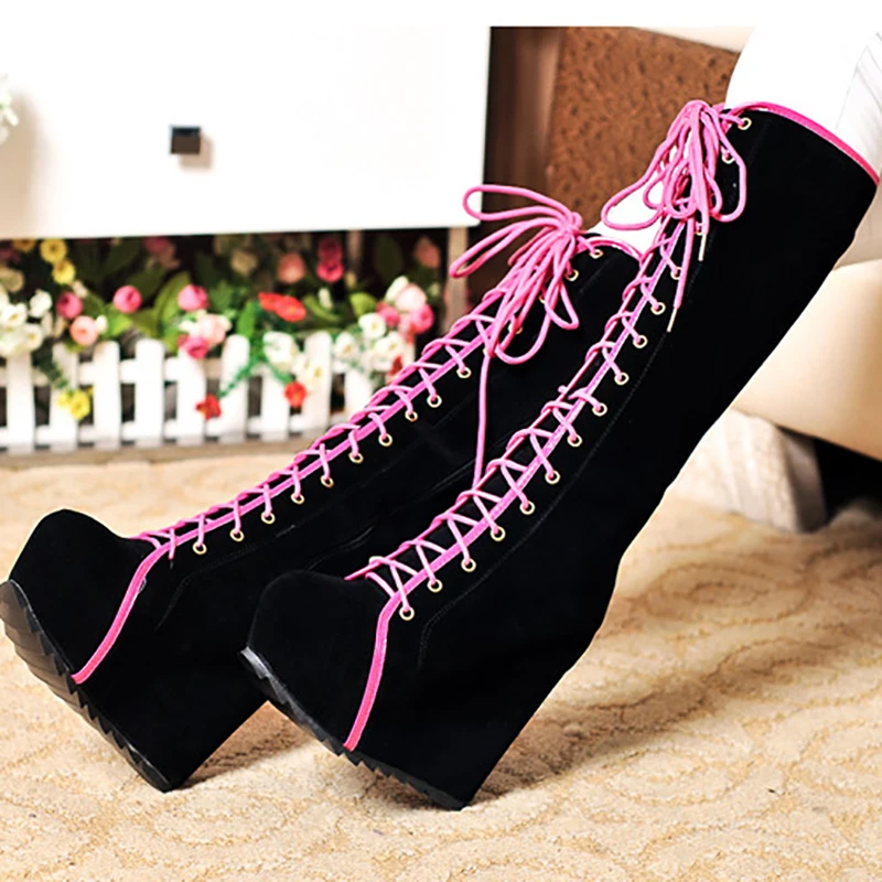 

Long Boots Platform 13cm High Heels Hidden Wedges Mid Calf Boots Women Shoes Flat Lace Up Balck Fashion Ladies Fur Winter Boots