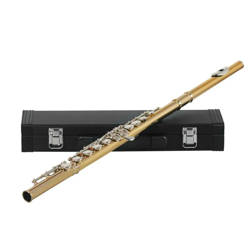 

Western Concert Flute 16 Holes C Key Cupronickel Musical Instrument with Cleaning Cloth Stick Gloves Screwdriver Gold