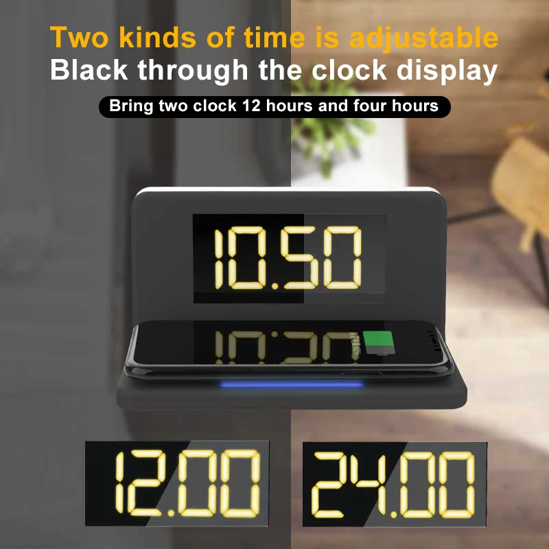 

Household Digital Alarm Clock with Thermometer Temperature Table Desk Clocks Phone Wireless Charger Home Digital Mirror Clock