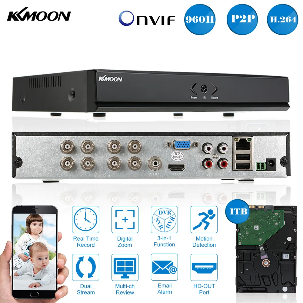 Цифровой видеорегистратор KKmoon 8 каналов Full 960H/D1 P2P облачная сеть Onvif + жесткий диск