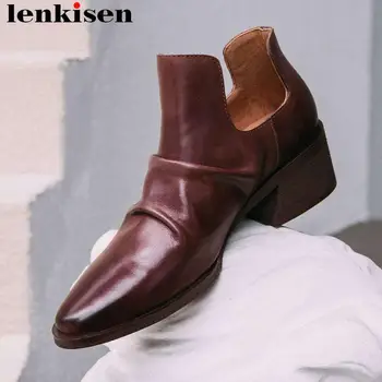 

Lenkisen vintage natural leather chunky heels slip on round toe chelsea boots summer spring European designer ankle boots L05