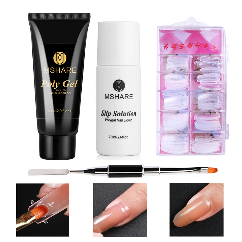 

MSHARE Poly Gel Nail Art Kit 4 Pieces Quick Building Nails Extension Set Camouflage UV LED Builder Gel Tips Brush Tools Kits