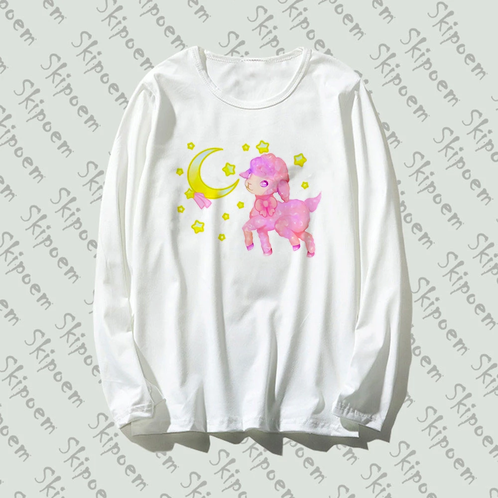 

New Long Sleeve T Shirt Lamb Moon & Stars Funny Artwork Style Print 100% Cotton Top Tee Casual O Neck Streetwear Clothing