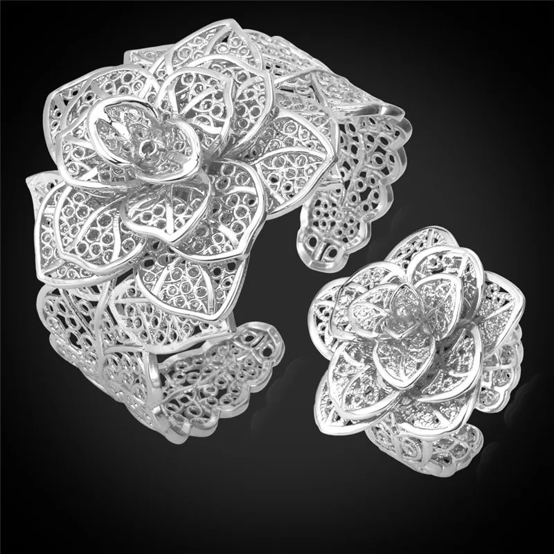 Женский ювелирный комплект из браслета и кольца с цветами|fashion jewelry set|jewelry setsjewelry