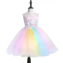 Радужные платья для маленьких для девочек в цветочек с вышивкой красочные газовое платье без рукавов для детей; костюмы для вечеринки в честь Дня Рождения