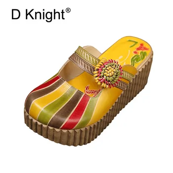 

New Slippers Summer Round Toe Slippers Genuine Leather Sandals Thick-bottom Female Shoes Flowers Ethnic Slides Muffins Creppers