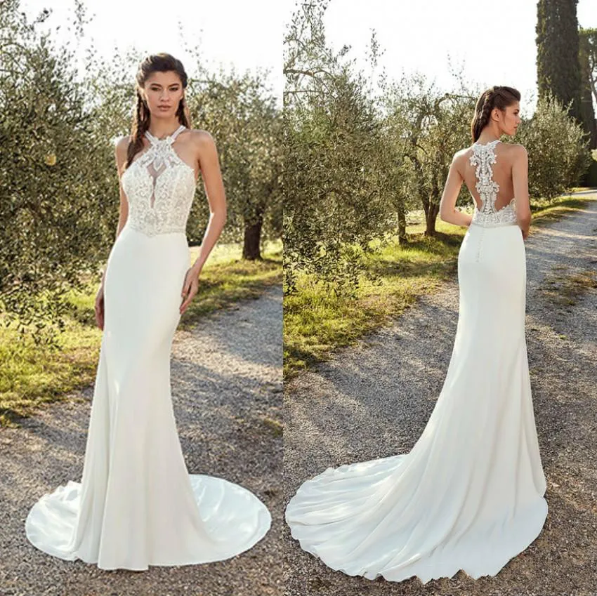 

2019 New Arrival Designed Mermaid Wedding Dresses Summer Boho Halter Neck Appliques Covered Button Back Long Bride Gowns