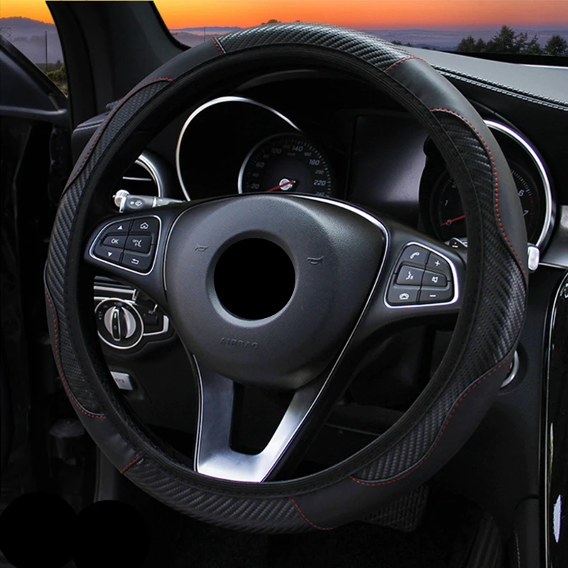 Car Steering Wheel Cover Breathable PU Leather Wheel Cover Auto Decoration Carbon Fiber Steering Wheel Cover Cubre Volante Auto - Color Name: Orange