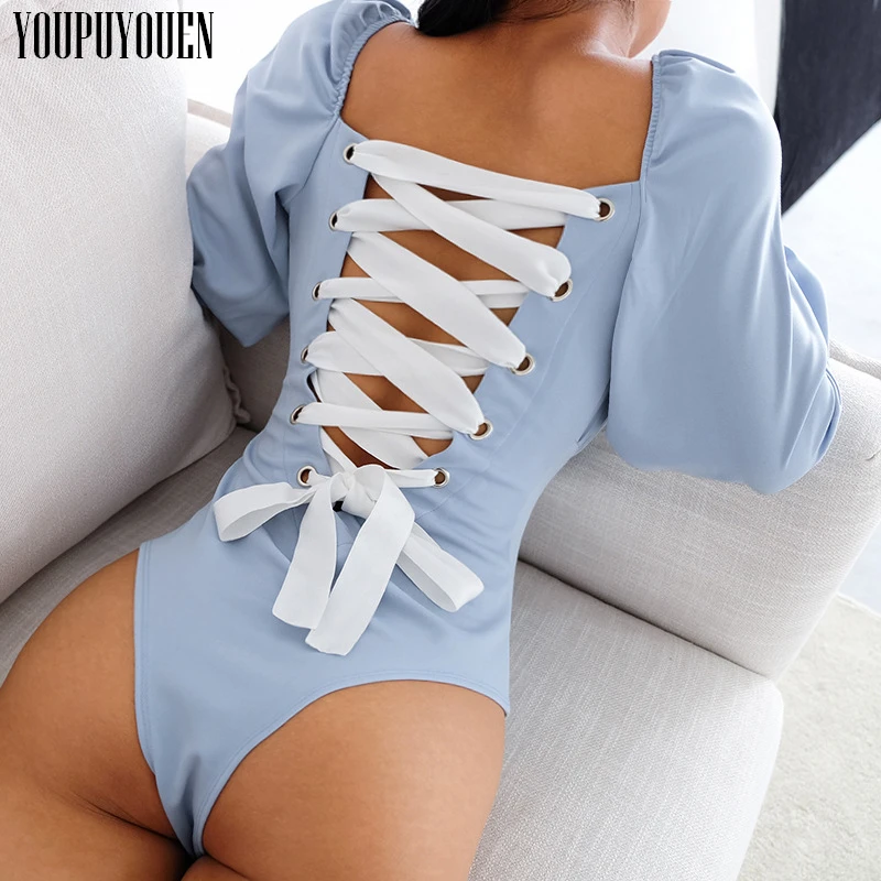 

Long Sleeve Bodysuit Sexy Backless Bandage Jumpsuit Women's Body Suits Playsuit Combination Shorts Summer Overalls Woman Romper