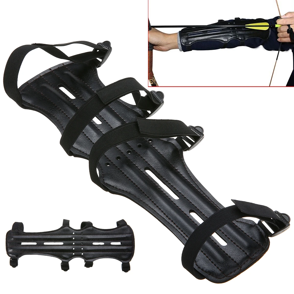 Shooting Archery Arm Guard Bow Protect 4 Straps Black Adjustable Band Leather 