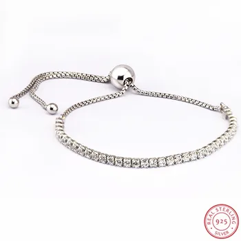 

Tennis-style Sliding Clasp Clear CZ Rhodium Plated 925 Sterling Silver Sparkling Strand Bracelets for Women Fine Jewelry FLB030A