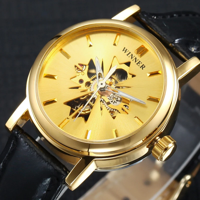 

Fashion Transparent Golden Case Luxury Casual Design Leather Strap Mens Wristwatches Top Brand Luxury Mechanical Skeleton Watch