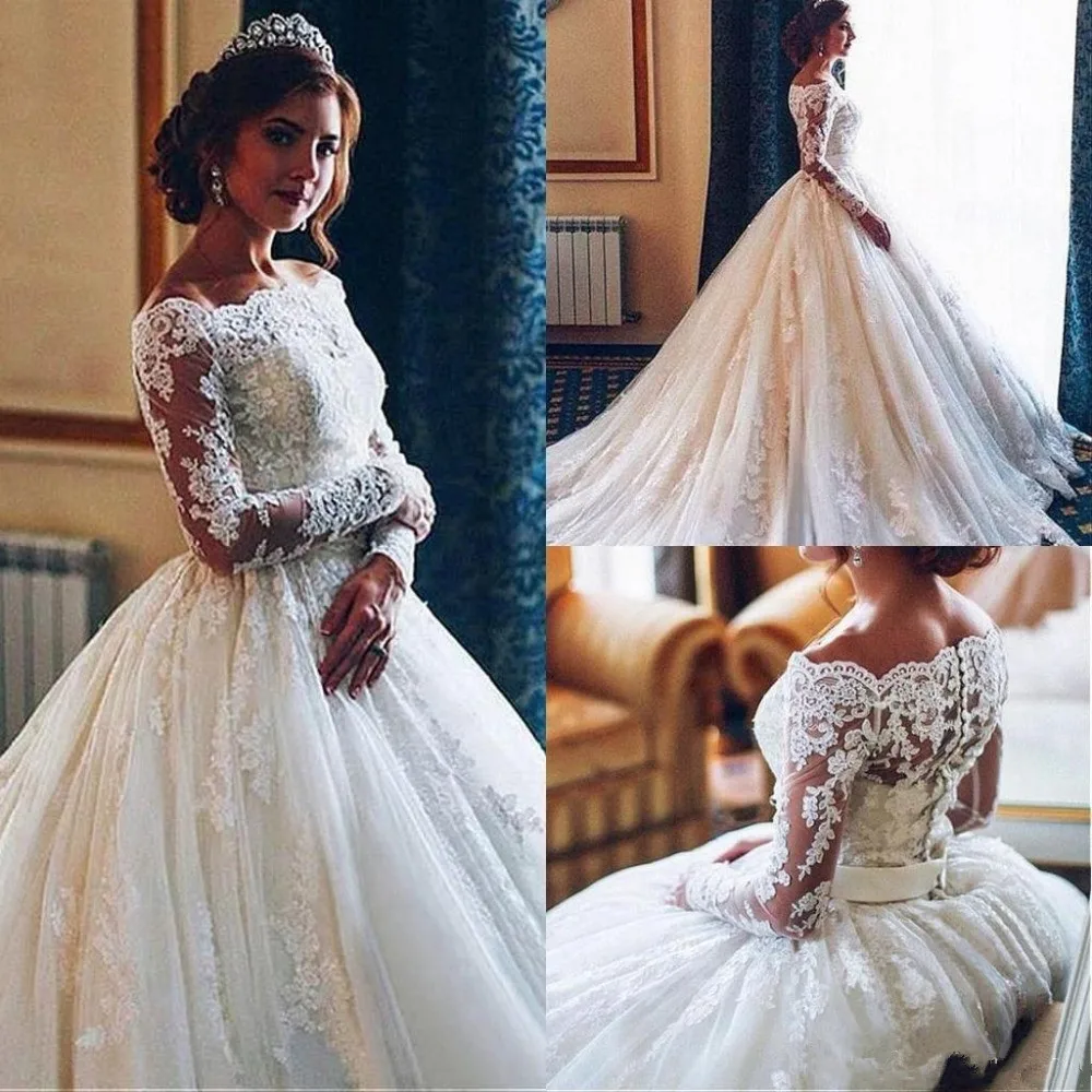 off the shoulder applique wedding dress