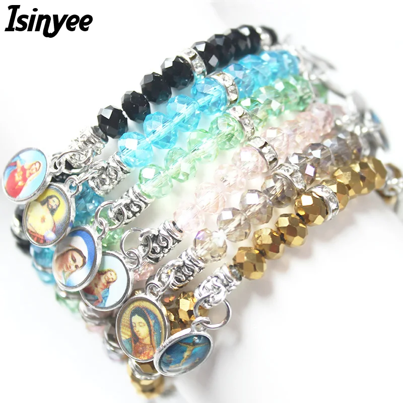 

ISINYEE Fashion Jesus Virgin Mary Charms Glass Crystal Beads Christian Bracelets Femme For Girls Women Friendship Summer Jewelry