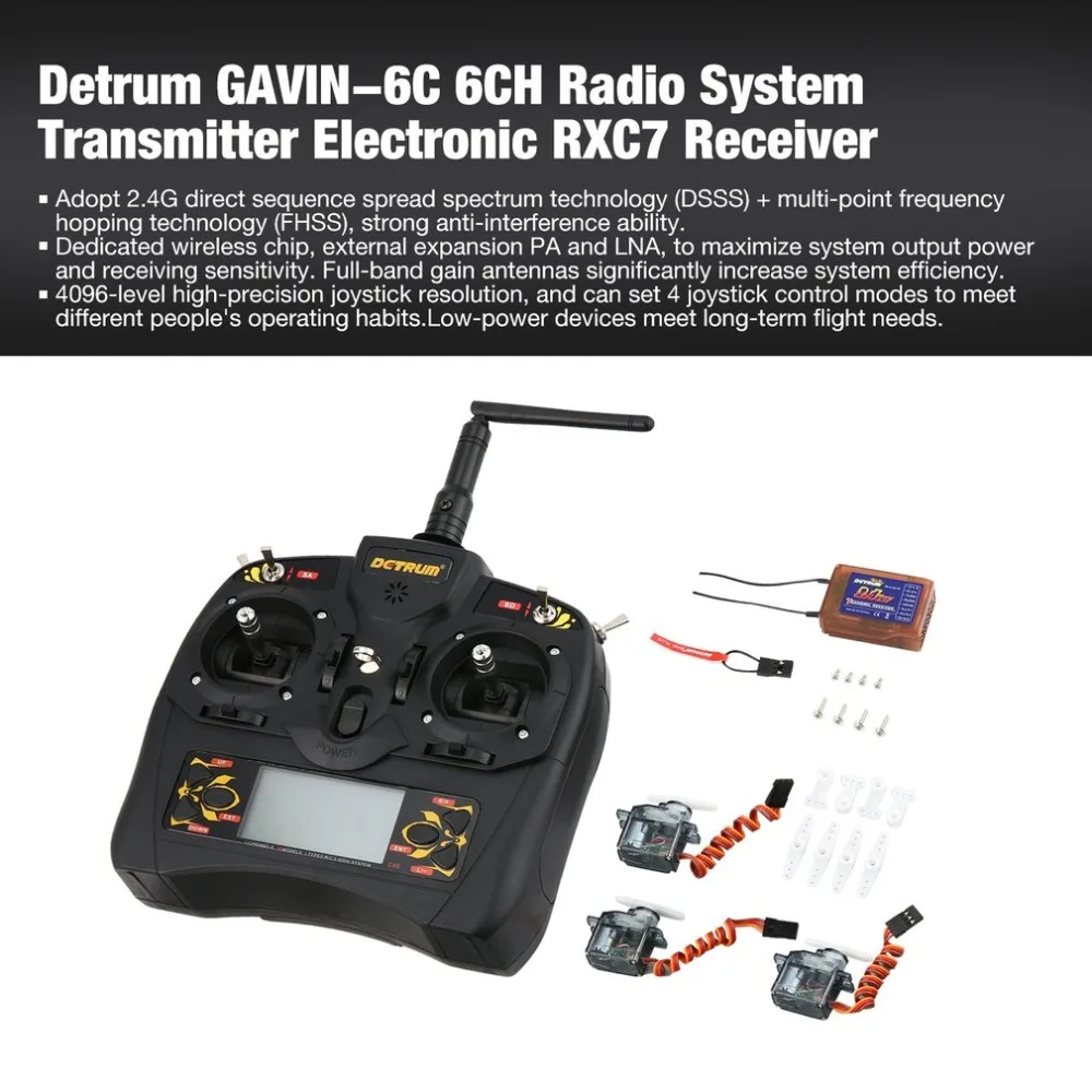 

GAVIN-6C 6-Channel 2.4G Digital Remote Control + RXC7 Receiver + 4 * 9g Steering Gear Set for RC Plane Boat Car Model RC Model