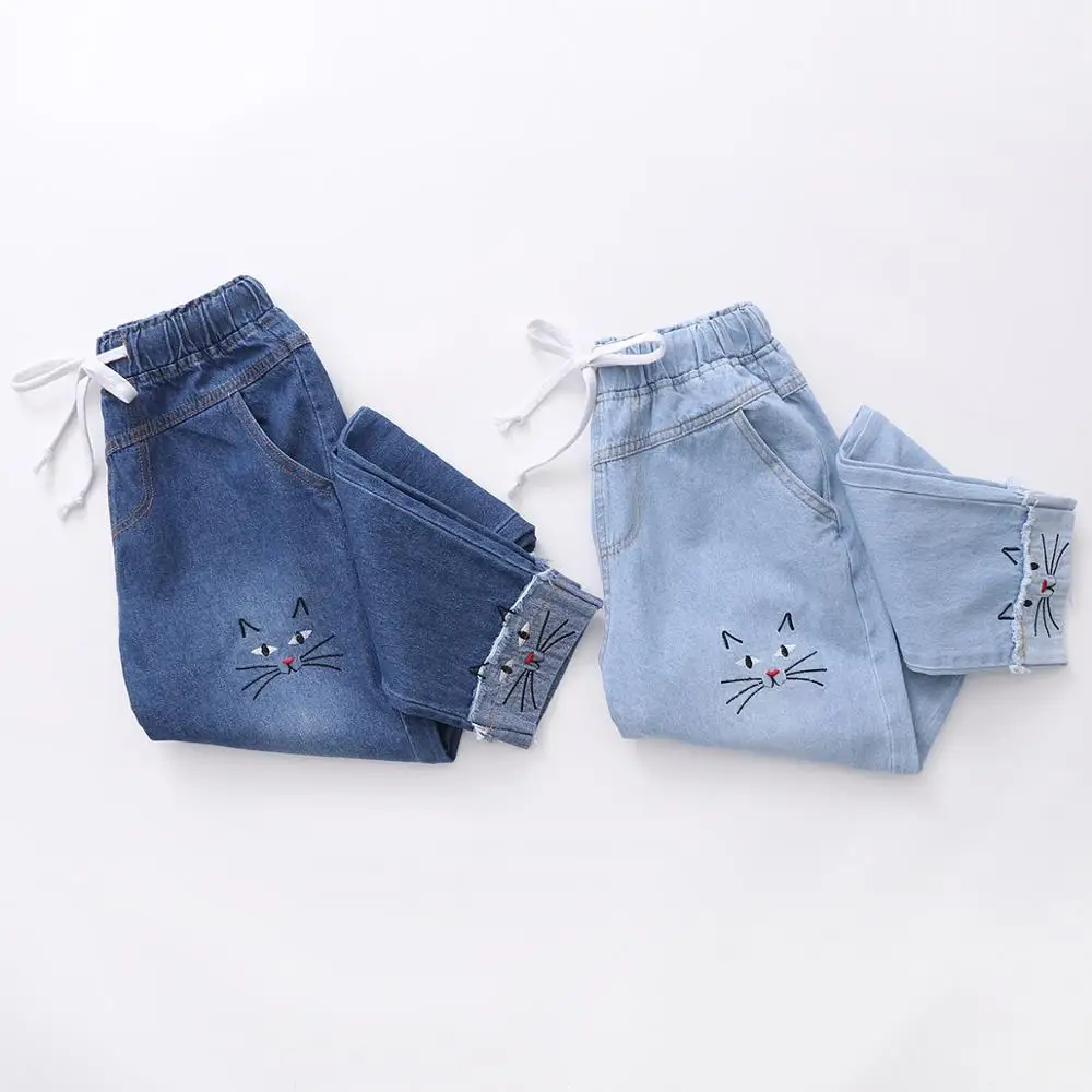 Women Harajuku Jeans Pants Japanese Autumn Pocket School Cartoon Funny Wide Leg Pants Loose Cat Embroidery Roll Up Denim Pants