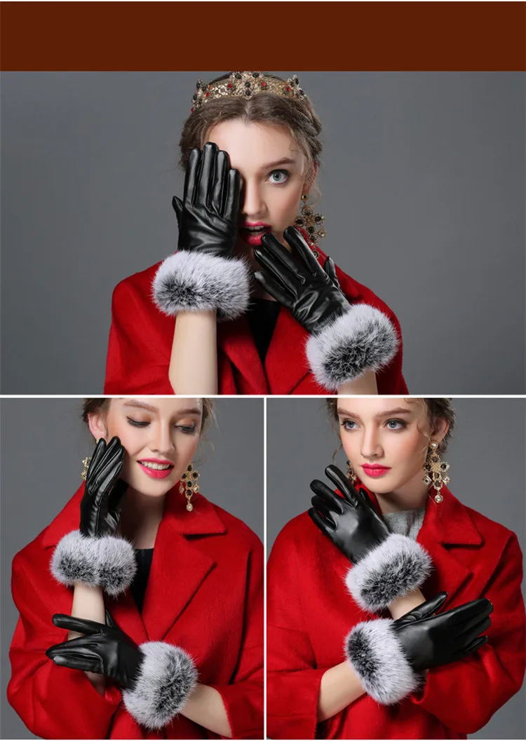INDJXND, осенние женские перчатки из натурального кроличьего меха, теплые перчатки из искусственной кожи, черные варежки, зимние женские бархатные перчатки