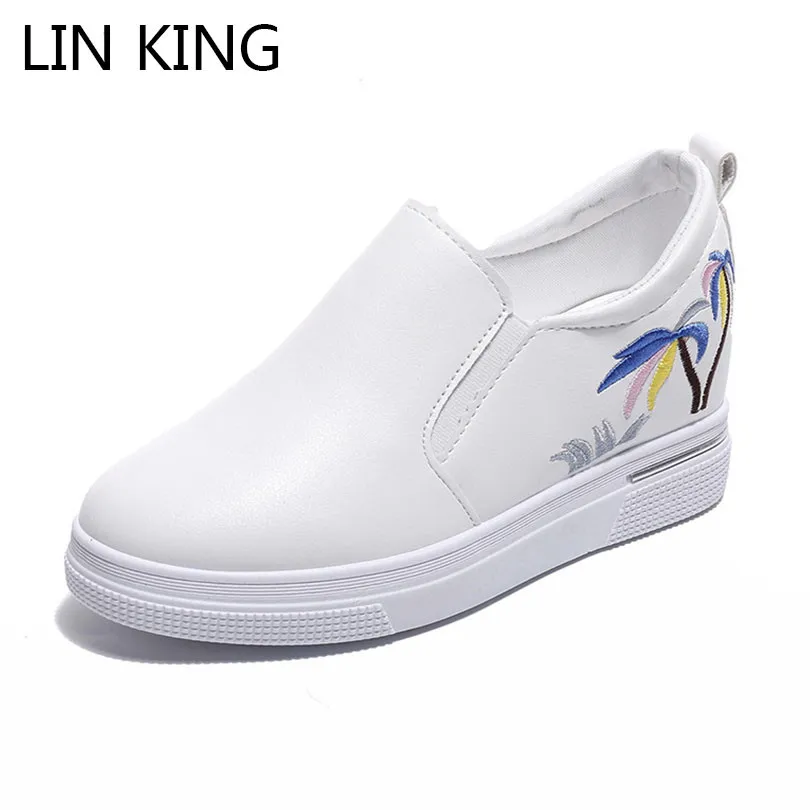 

LIN KIGN New Designer Women Height Increase Shoes Embroider Shallow Casual Shoes Round Toe Slip On Sneakers GirlsTrainers Shoes
