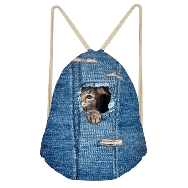 INSTANTARTS Забавные 3D карманные джинсовые короткошерстная кошка печатные мешки с Кулиской для девочек повседневные Простые детские школьные сумки мягкие рюкзаки - Цвет: H316Z3