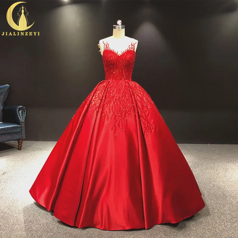 red satin ball gown