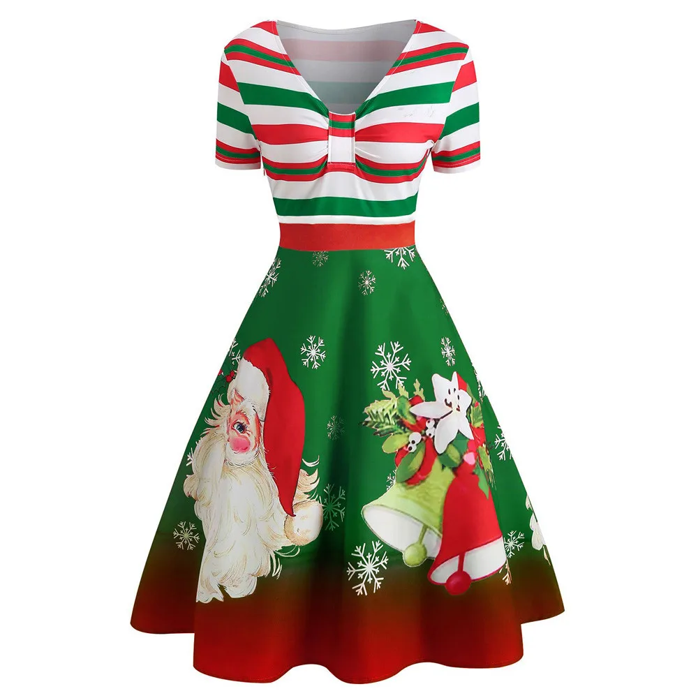 

Fashion Womens Christmas Dress Kerst Jurk Santa Claus Stripe Print V-Neck Vintage Swing Dress Vestido Navidad Mujer Xmas Dress