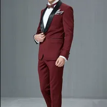 Бордовые/винные боковые шали жениха атласные нагрудные свадебные костюмы Одежда для жениха 2 шт.(куртка+ брюки+ галстук