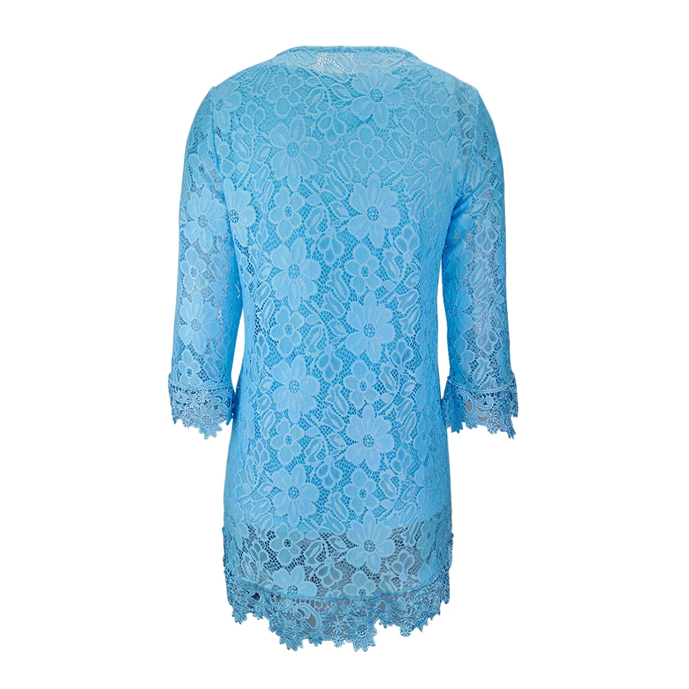 Womens Two-piece Set Blouses Hollow Out Tunics Round Neck Sky Blue Lace Floral Pattern Blouse Summer Shirt Plus size H244