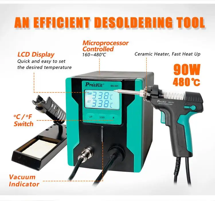 

2019 Original New Version Pro'sKit SS-331H LCD Electric Desoldering Gun Anti-static High Power Strong Suction Desoldering Pump