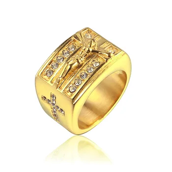 

US 8 to 13 size Gold Color Prayer Christian Jesus Gold Rings with zircon Hip Hop Holy Cross Signet Ring Wedding Finger Wedding