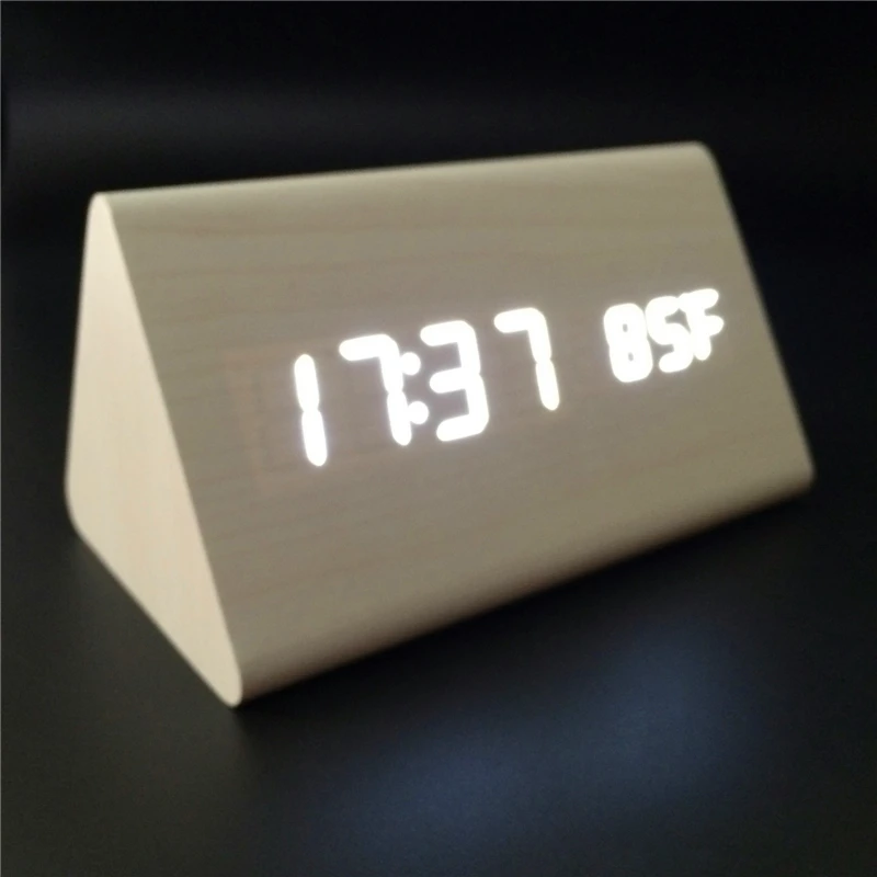 Акустический календарь управления термометр с сигнализацией деревянные часы со светодиодным дисплеем цифровые часы с треугольным циферблатом с секундной xyzTime-6035B-White