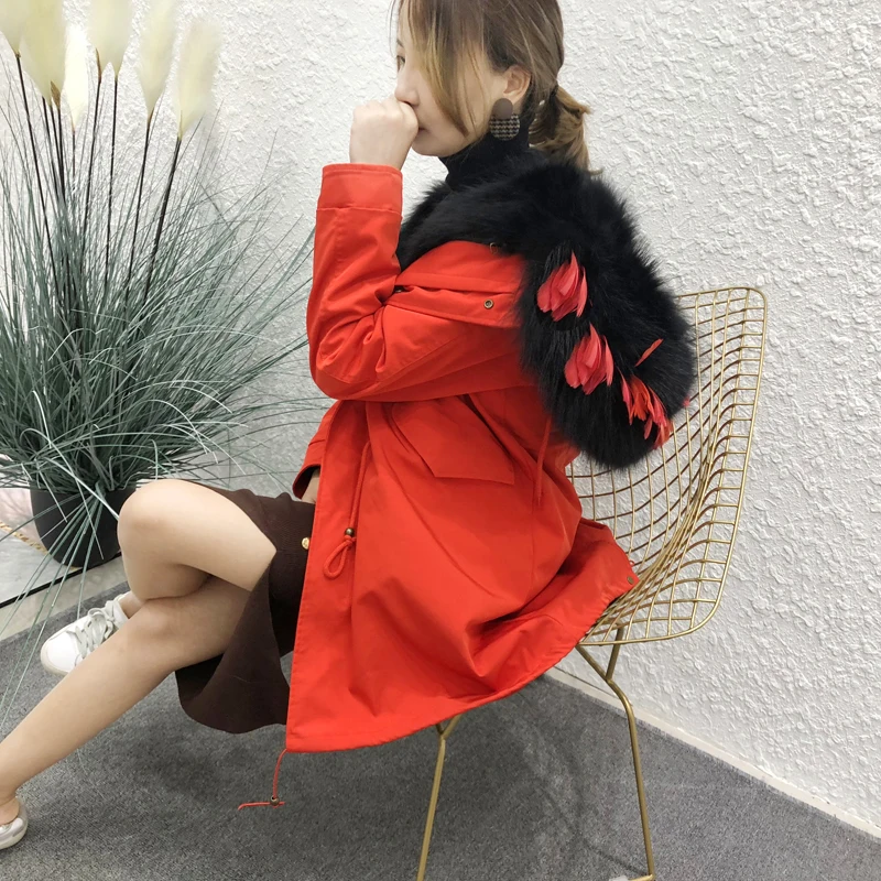 Модное зимнее женское красное меховое пальто с натуральным мехом Красные Длинные парки Mujer размера плюс натуральный мех лисы - Цвет: Blackwith redfeather