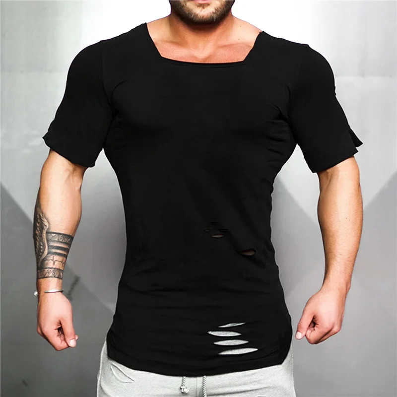 

Summer Cotton Gym Shirt Sport T Shirt Men Short Sleeve Running Shirt Men Workout Training Fitness Ripped Destroy Hole T-shirt
