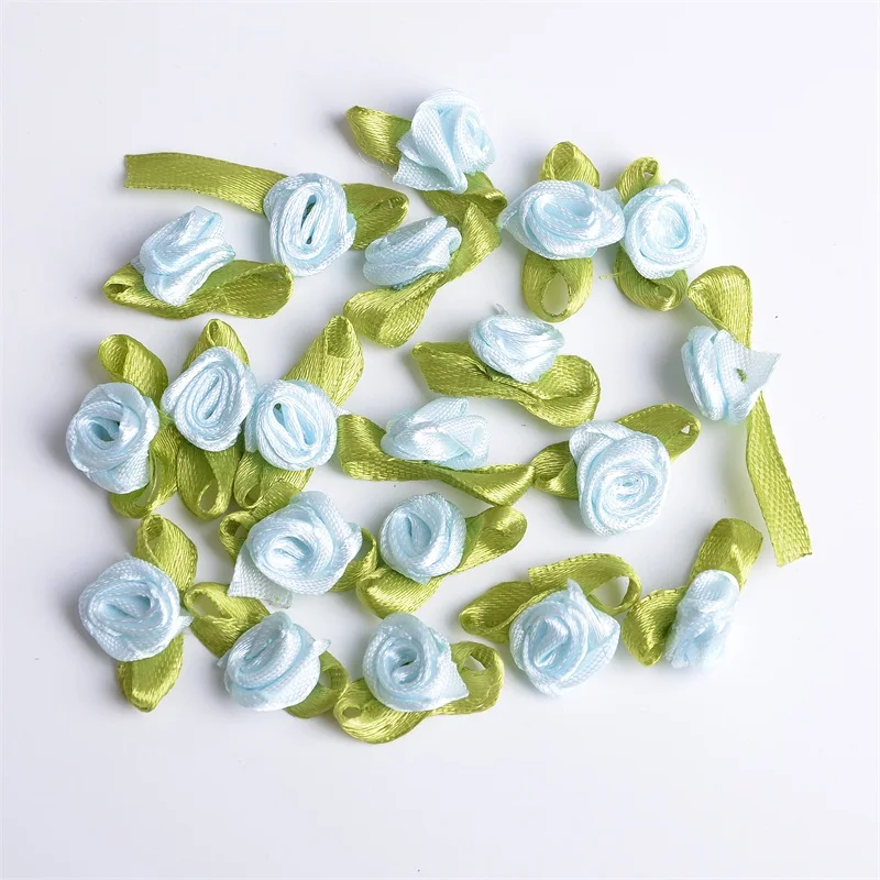 Mini Ribbon Roses, 100Pcs Artificial Fabric Flowers with Green Leaves Mixed  Color Rosettes Mini Ribbon Roses for Crafts Sewing DIY Craft Decoration