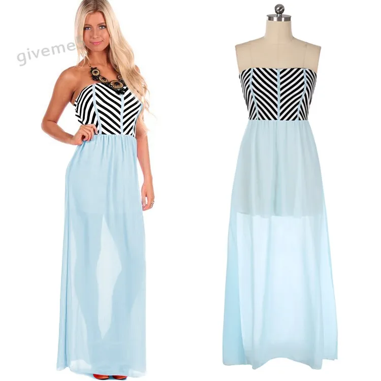 2015 Brand New Ladies Phong Cách Mùa Hè Sun Dresses Sọc Nối Maxi Dresses Dài Bãi Biển Ăn Mặc Nữ Tính Robe Longue Femme 35