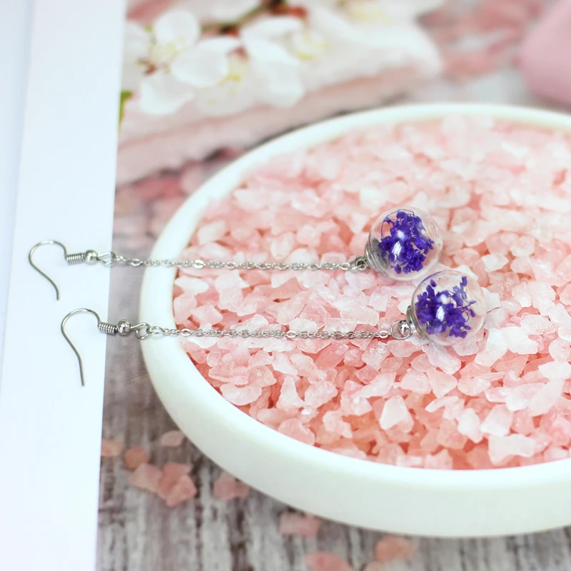 Серьги с высушенным цветком стеклянные шарики фантазия DIY Ушные линии #