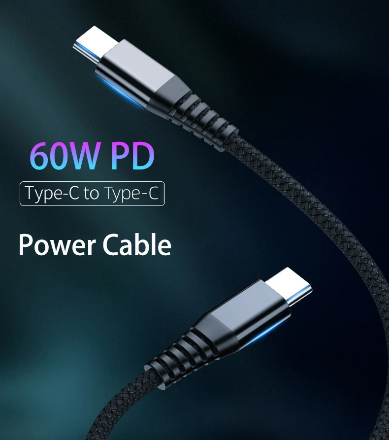 Double USB Type-c cable PD 60W cable fast charging 1.2 m braided data line for xiaomi huawei phone notebook