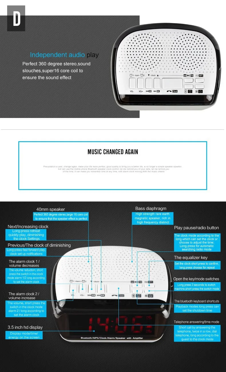Портативный многофункциональный двойной будильник Bluetooth/беспроводной динамик FM радио Отображение времени TF слот для карты