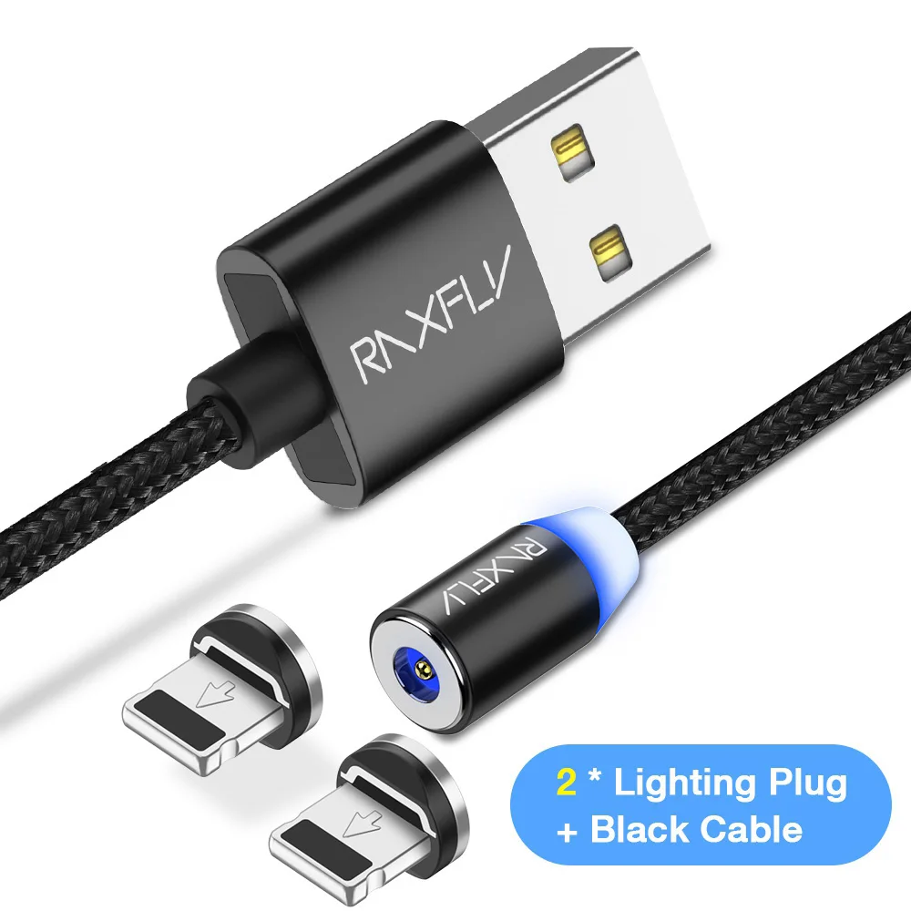 Магнитный кабель RAXFLY Micro usb type C кабель для iPhone 11 Pro Max Xiaomi Redmi провод для быстрого заряда 1 м светодиодный магнитный кабель для зарядки - Цвет: Black Lighting 2Plug