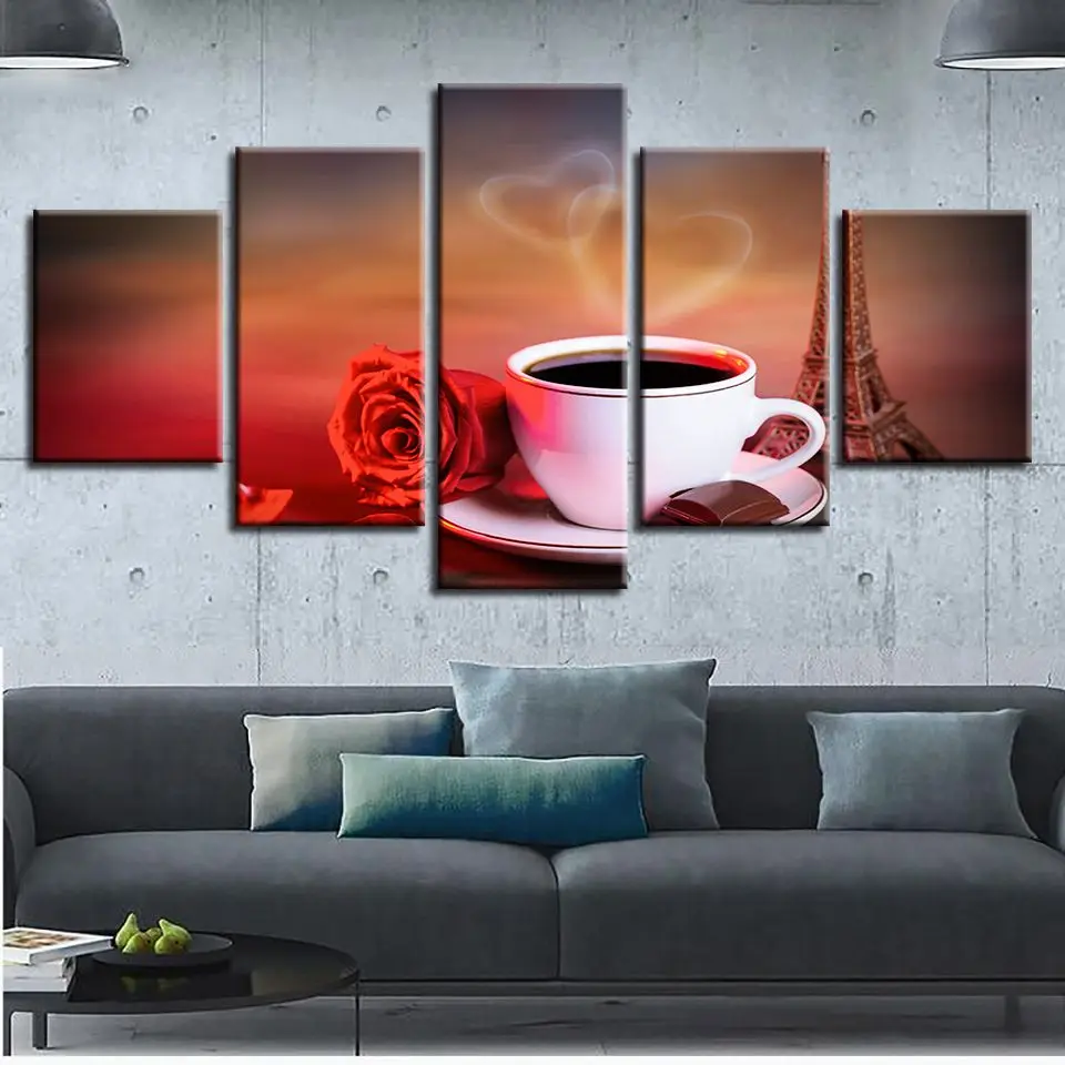 Модульная Картина на холсте, 5 шт., кофейный художественный постер, декор для гостиной, кофейные бобы, картины для кухни, настенные художественные картины в рамке
