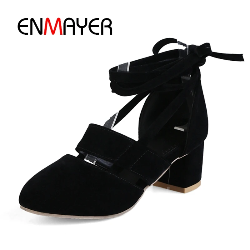 

ENMAYER Fashion Thick Heels Cross Straps Women Party Pumps Summer Folck Lace up Round Toe Gladiator Sandals Big Size 34-43 CR322