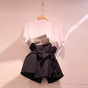 

Hot Sale 2019 New Summer Fake Two-Piece Striped T-Shirt Women Fashion Belt Patchwork Irregular Tops Female Casual T Shirt